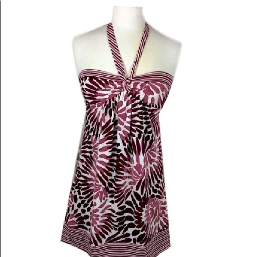 BCBG Maxazria Strapless Purple and Ivory Tropical Print Tube Halter Dress. Sz S